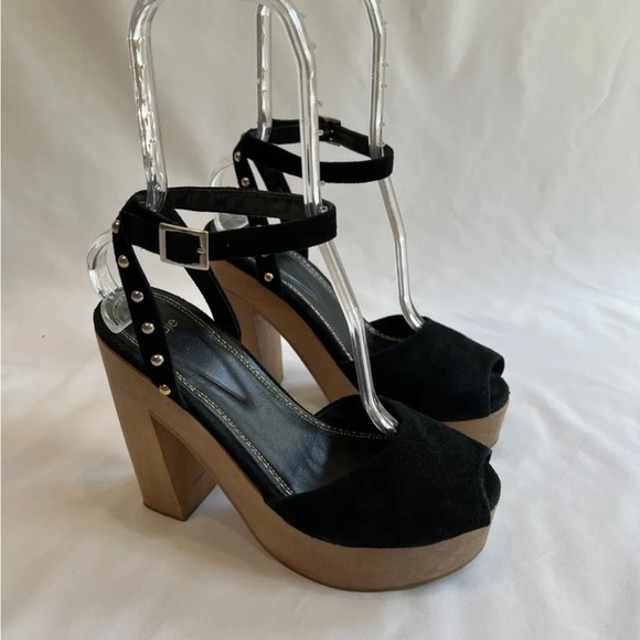 Maje Black Suede Open Toe Platform Studded Block High Heels Size 40 Whimsigoth - Picture 1 of 9